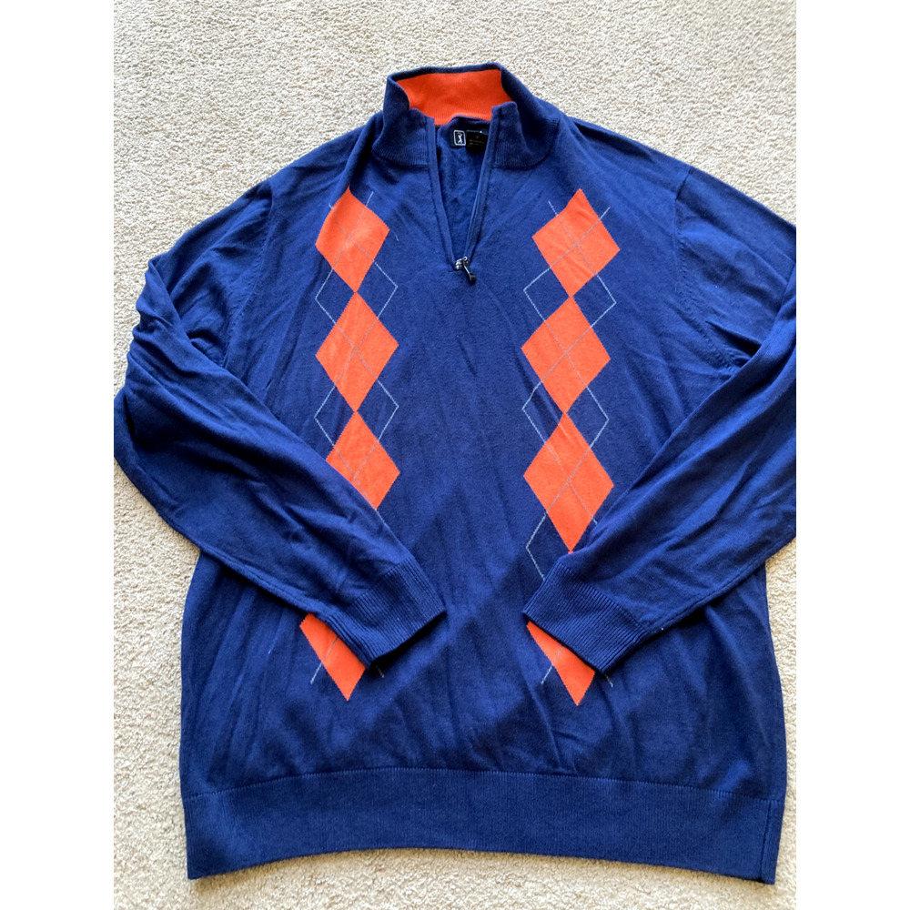 Mens PGA Tour Navy Pull Over Quarter Zip Sweater Large Navy Orange Argyle